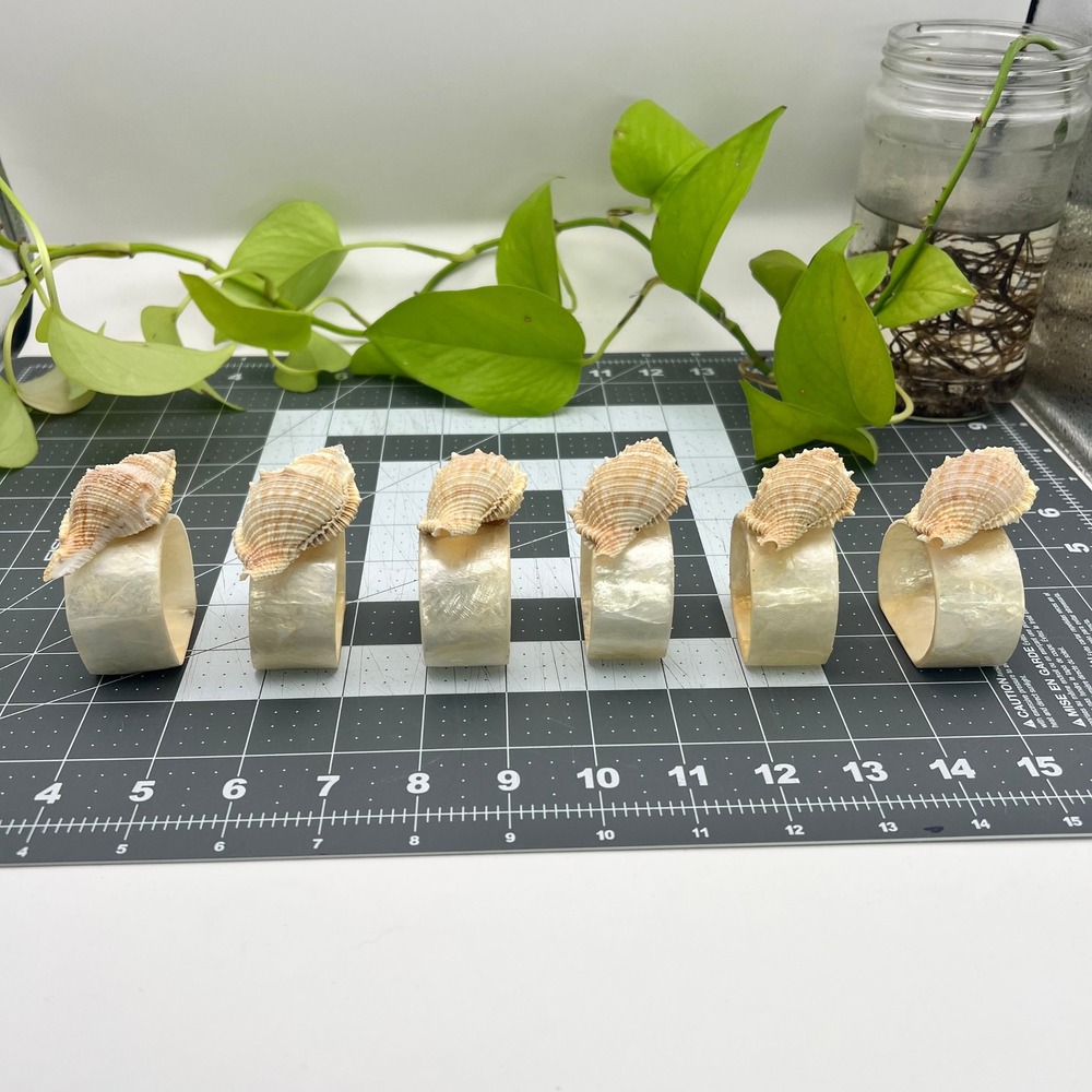 Vintage Mother Of Pearl Natural Sea Shell Napkin Ring Set(6) 1970s Retro Beach